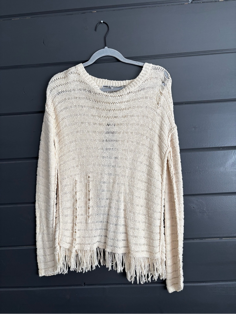 Pam & Gela Cream Open-Knit Fringe Sweater